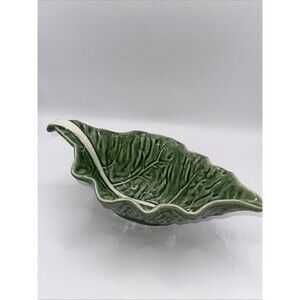 Bordallo Pinheiro Sauce Gravy Boat Green Cabbage Leaf Portugal Majolica 10"